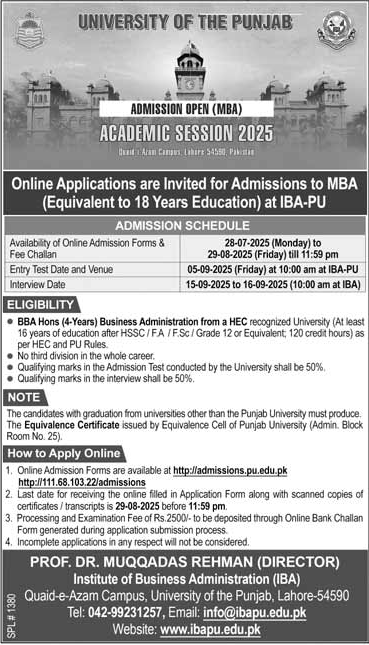 Admission Open in University of the Punjab Lahore
